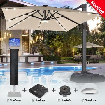 SUNSET | Parasol | LED | 3x3m | Taupe | +support, pied pivotant & housse
