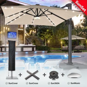 SUNSET | Parasol | LED | 3x3m | Taupe | +support, pied pivotant & housse