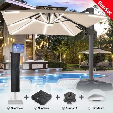 SUNSET | Parasol | LED | 3x3m | Taupe | +support, pied pivotant & housse