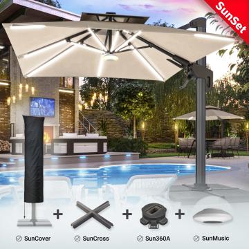 SUNSET | Parasol | LED | 3x3m | Taupe | +support, pied pivotant & housse