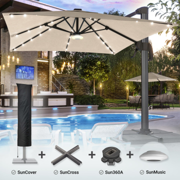 SUN LUIS | Sombrilla | Cuadrado | Ancho:Fondo 300 x 300 cm | Taupe | LED | soporte, base giratoria y tapa