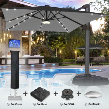 SUN LUIS | Sonnenschirm | Quadratisch | B:T 300 x 300 cm | Schwarz | LED | +Ständer, Schwenkfuß & Hülle