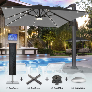 SUN LUIS | Sonnenschirm | Quadratisch | B:T 300 x 300 cm | Schwarz | LED | +Ständer, Schwenkfuß & Hülle
