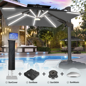 SUN PIETRO | Ombrellone | Quadrato | L:P 300 x 300 cm | Nero | LED + supporto, base girevole e coperchio