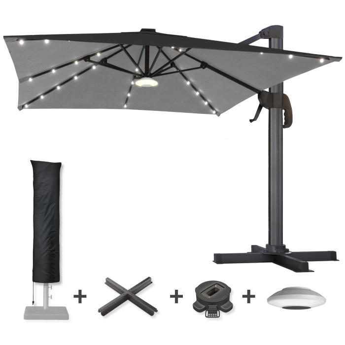 SUN LUIS | Ombrellone | Quadrato | L:P 300 x 300 cm | Nero | LED + supporto, base girevole e coperchio