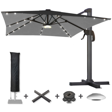 SUN LUIS | Sonnenschirm | Quadratisch | B:T 300 x 300 cm | Schwarz | LED | +Ständer, Schwenkfuß & Hülle