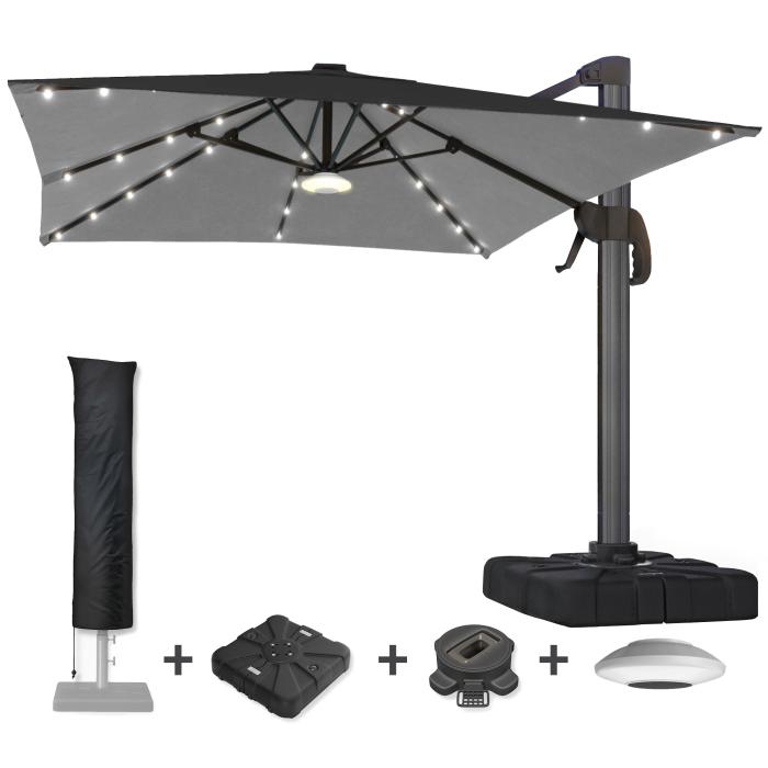SUN LUIS | Parasoll | Torget | B: D 300 x 300 cm | Svart | LED | + Stativ, dreibar base og etui