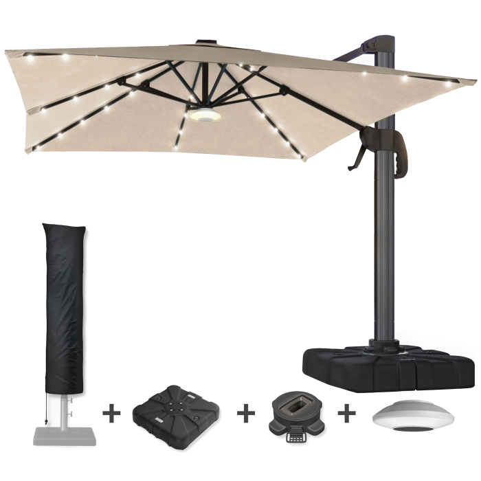 SUN LUIS | Parasol | Firkantet | B:D 300 x 300 cm | Taupe | LED | + stativ, drejebase og dæksel