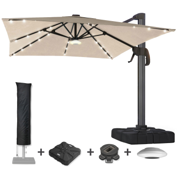 SUN LUIS | Parasol | Vierkant | B:D 300 x 300 cm | Taupe | LED + standaard, draaibare voet & deksel