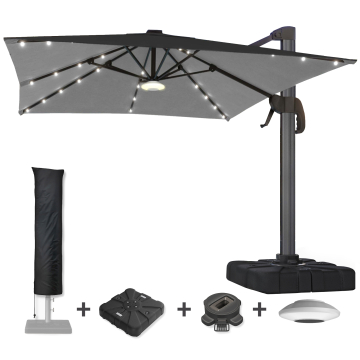 SUN LUIS | Sonnenschirm | Quadratisch | B:T 300 x 300 cm | Schwarz | LED | +Ständer, Schwenkfuß & Hülle