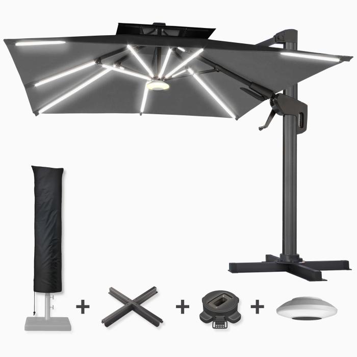 SUN PIETRO | Parasoll | Torget | B: D 300 x 300 cm | Svart | LED | + Stativ, dreibar base og etui