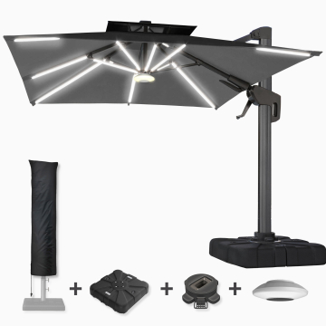 SUN PIETRO | Sonnenschirm | Quadratisch | B:T 300 x 300 cm | Schwarz | LED | +Ständer, Schwenkfuß & Hülle