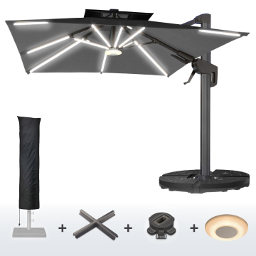 SUN PIETRO | Sonnenschirm | Quadratisch | B:T 300 x 300 cm | Schwarz | LED | +Ständer, Schwenkfuß & Hülle