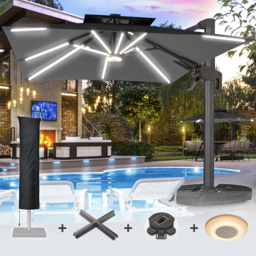 SUN PIETRO | Sonnenschirm | Quadratisch | B:T 300 x 300 cm | Schwarz | LED | +Ständer, Schwenkfuß & Hülle