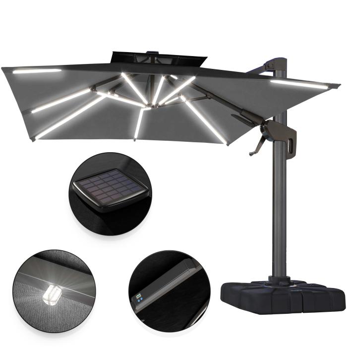 SUN PIETRO | Parasoll | Torget | B: D 300 x 300 cm | Svart | LED-er