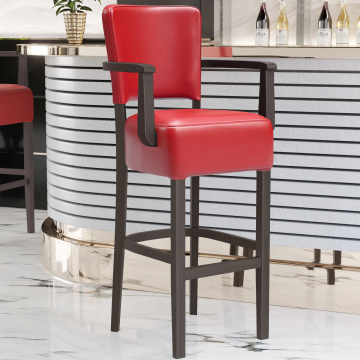 LUCA ARM | Gastro Barhocker | Leder | Holz | Rot | mit Lehne