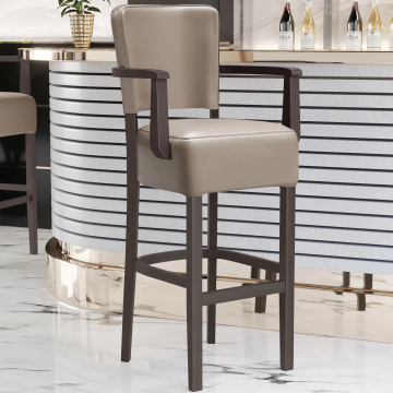 LUCA ARM | Gastro Barhocker | Leder | Holz | Taupe | mit Lehne