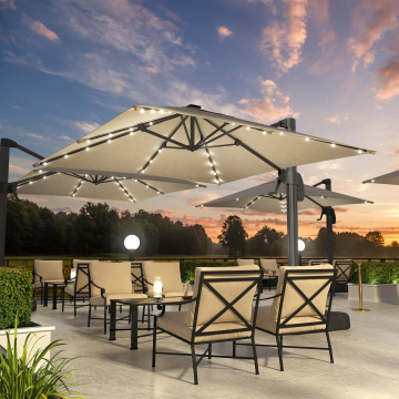 SUNSET | Parasol | LED | 3x3m | Taupe | +support, pied pivotant & housse
