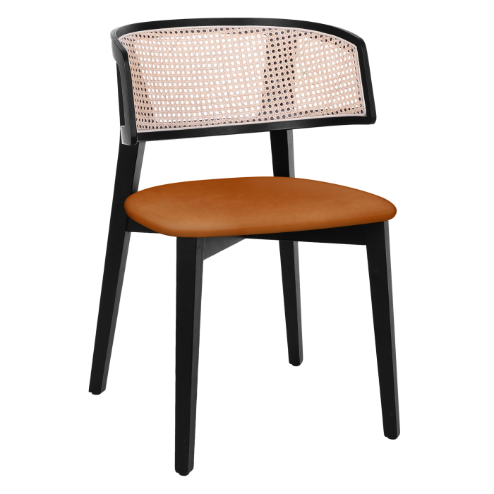 Alice | Krzesło drewniane bistro | Siedzisko welurowe | Rattan | Pomarańczowy