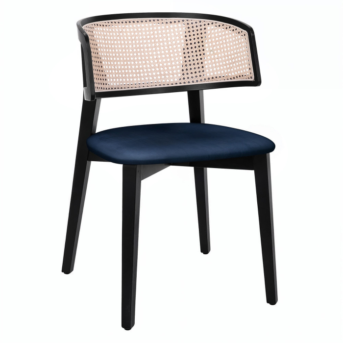 Alice | Bistro Holz Stuhl | Sitz Samt | Rattan | Blau