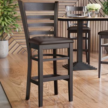 ALESSANDRO | Houten Barkruk Met Rugleuning | Leer | Hout | Bruin | Met rugleuning
