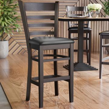 ALESSANDRO | Houten Barkruk Met Rugleuning | Leer | Hout | Zwart | Met rugleuning