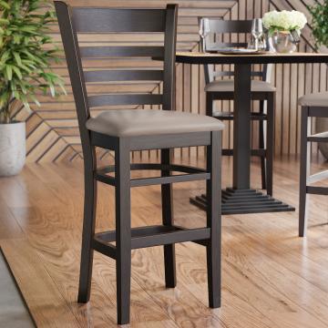ALESSANDRO | Houten Barkruk Met Rugleuning | Leer | Hout | Taupe/Grijs/Bruin | Met rugleuning