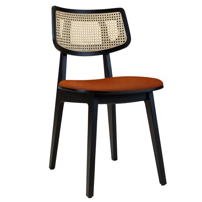 Amaia | Bistro Houten Stoel | Zit Velours | Riet | Oranje