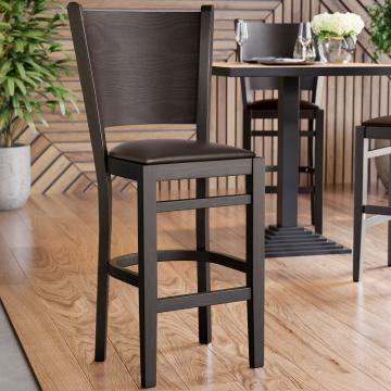 ARMANDO | Houten Barkruk Met Rugleuning | Leer | Hout | Bruin | Met rugleuning