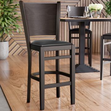 ARMANDO | Houten Barkruk Met Rugleuning | Leer | Hout | Zwart | Met rugleuning