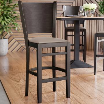 ARMANDO | Houten Barkruk Met Rugleuning | Leer | Hout | Taupe/Grijs/Bruin | Met rugleuning