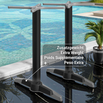 BARCELONA | Base de mesa de bar con doble columna | Aluminio negro | 2 pies: 60 x 9 cm | Columna 6 x 109 cm | Peso adicional