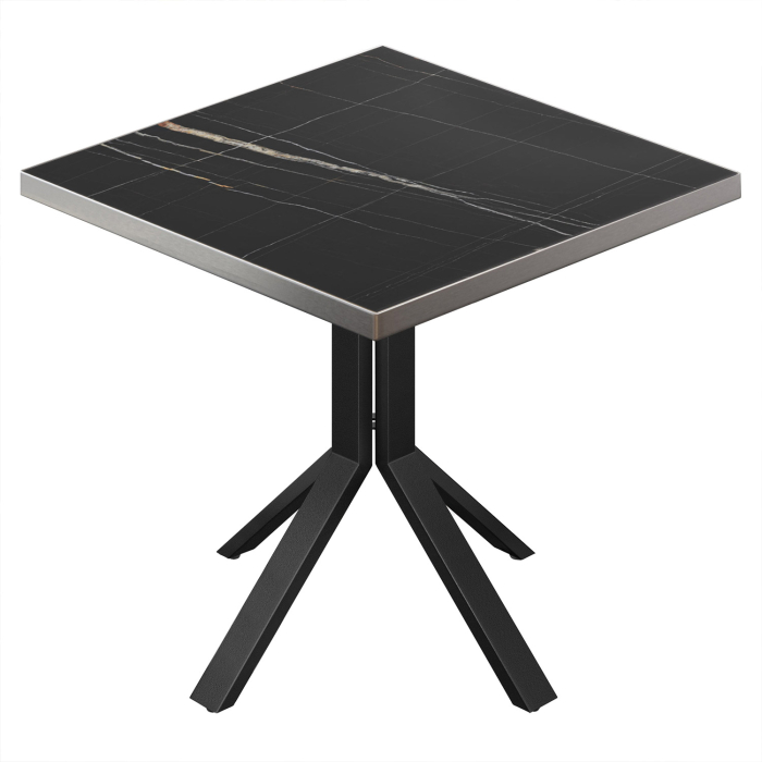 BE | Bistro Tisch | 70 x 70 x 74,5 cm | Quadratisch | Edelstahl Rand | Schwarz Marmor / Schwarz