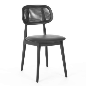 MARIA | Bistro Chair | Back: Rattan Black | Seat: Leather | Black