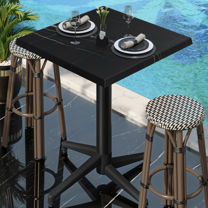 WAP | Bistro Außen Stehtisch | B:T:H 70 x 70 x 109 cm | Schwarz Marmor / Schwarz | Quadratisch | Klappbar