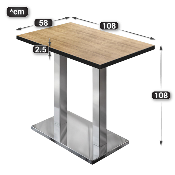 BM | Bistro Tavolo Alto | 110 x 60 x 108 cm | Rettangolare | Bordo Nero | Quercia / Acciaio Inossidabile BM | Bistro Tavolo Alto | 110 x 60 x 108 cm | Rettangolare | Bordo Nero | Quercia / Acciaio Inossidabile