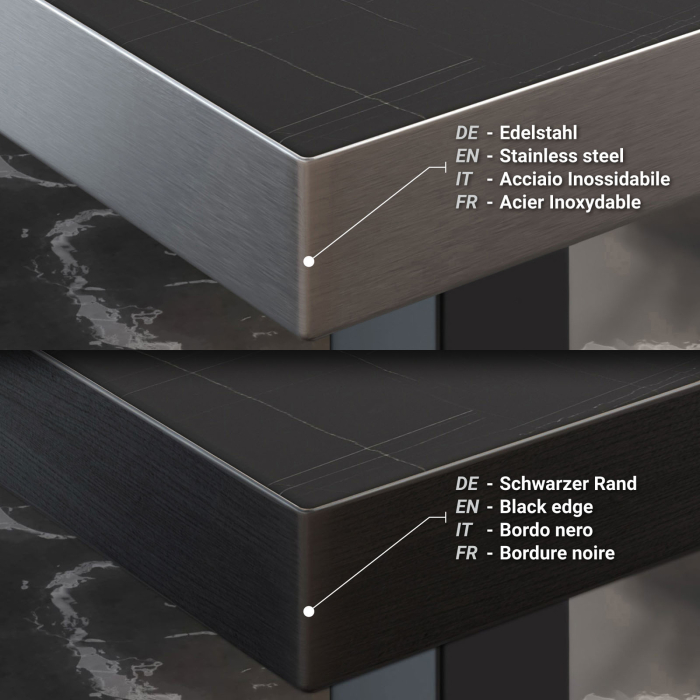BM | Mesa de bistró | 110 x 60 x 108 cm | Rectangular | Bisel de acero inoxidable | Mármol negro / Negro BM | Mesa de bistró | 110 x 60 x 108 cm | Rectangular | Bisel de acero inoxidable | Mármol negro / Negro