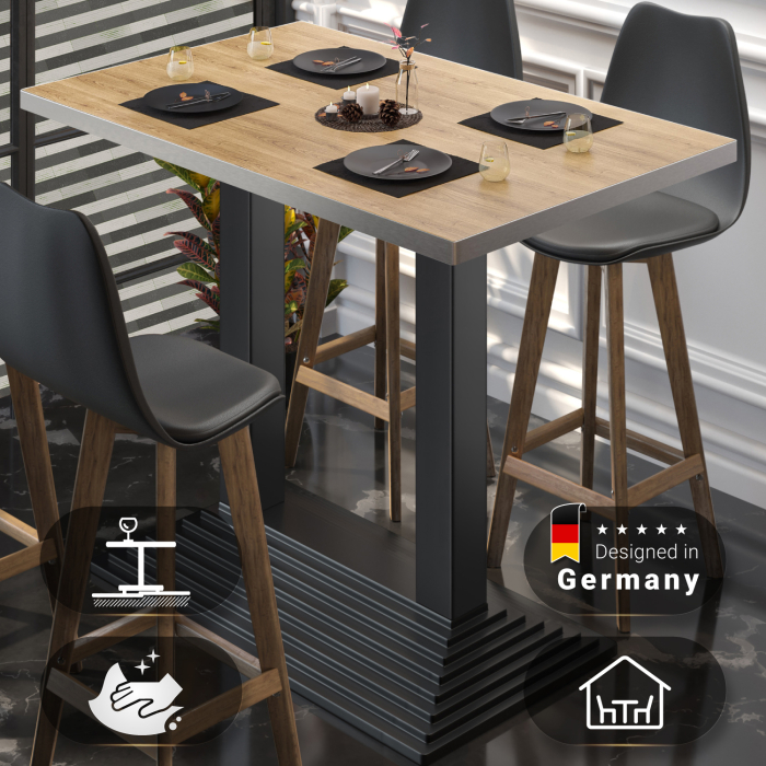 BPY | Mesa alta de bistró | 110 x 60 x 112 cm | Borde de acero inoxidable | Rectangular | Roble / Negro