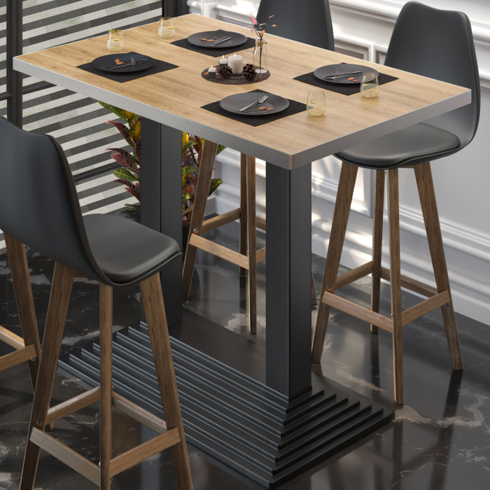 BPY | Mesa alta de bistró | 110 x 60 x 112 cm | Borde de acero inoxidable | Rectangular | Roble / Negro