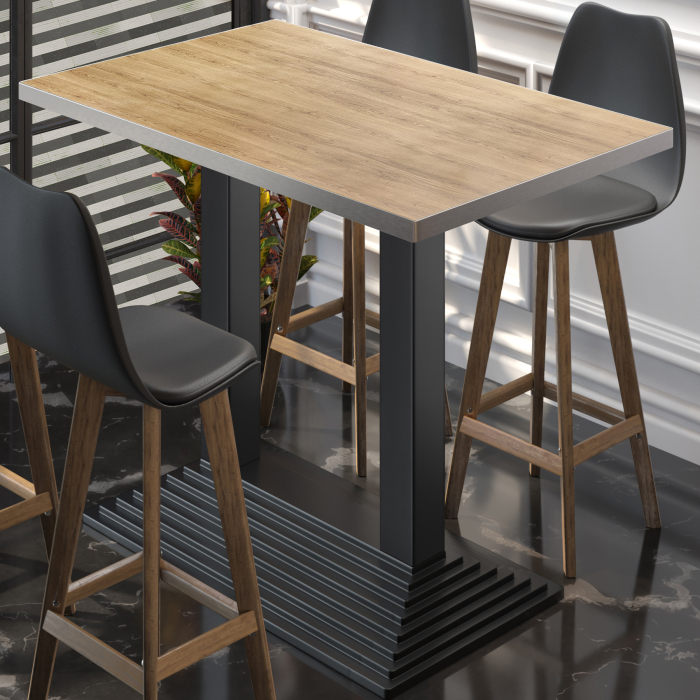 BPY | Mesa alta de bistró | 110 x 60 x 112 cm | Borde de acero inoxidable | Rectangular | Roble / Negro