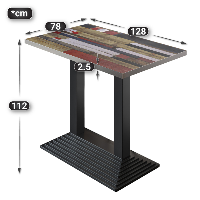 BPY | Bistro Stehtisch | 130 x 80 x 112 cm | Rustfritt stål kant | Firkantet | Vintage Fargerik / Svart