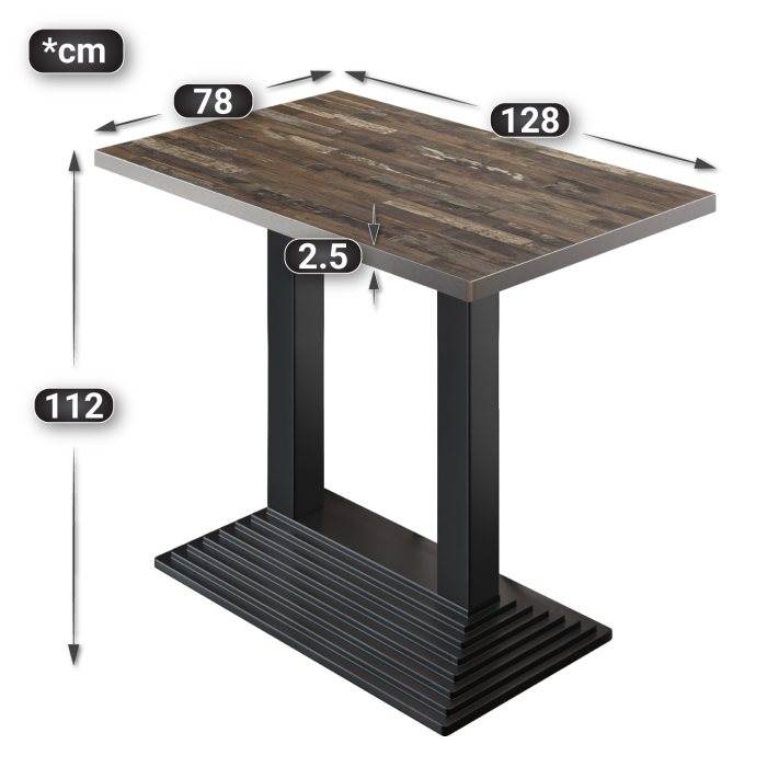BPY | Bistro Steh bord | 130 x 80 x 112 cm | Rustfritt stål kant | Rektangulær | Vintage gammel / svart