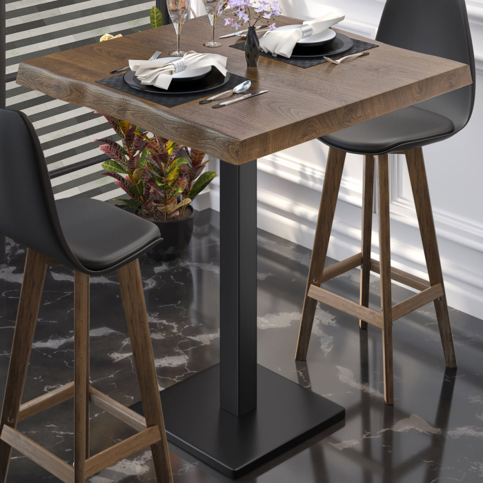 PMD | Bistro Stolik Wysoki z Krawędzią Drzewa | B:T:H 80 x 80 x 110 cm | Orzech / Czarny | Kwadratowy