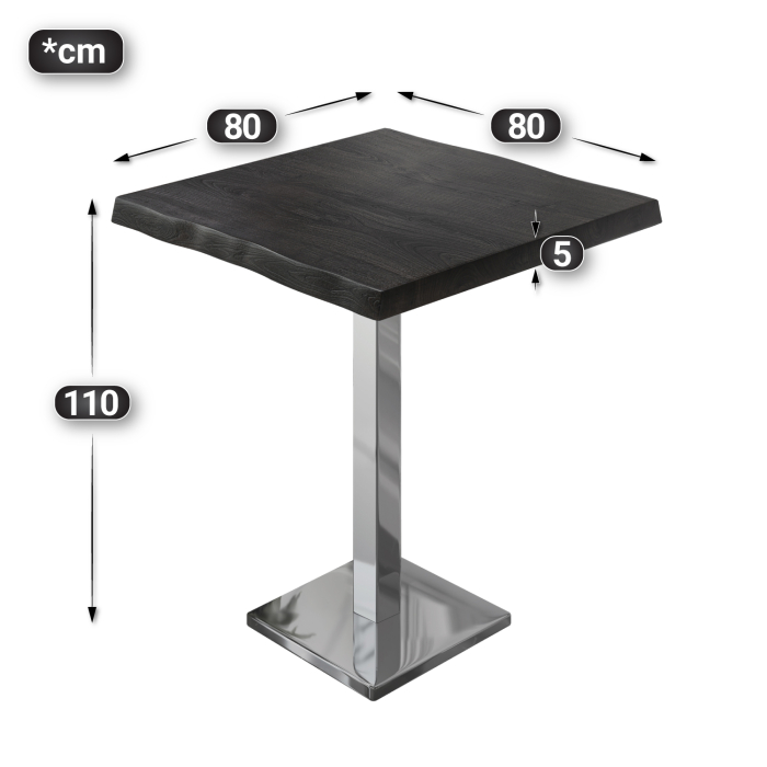 PMD | Bistro Stehtisch Baumkante | B:T:H 80 x 80 x 110 cm | Wenge Svart / Rustfritt stål | Kvadratisk