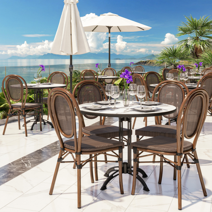 DELPHI | Silla textilene bistro | Gris-marrón | Bambú | Apilable DELPHI | Silla textilene bistro | Gris-marrón | Bambú | Apilable