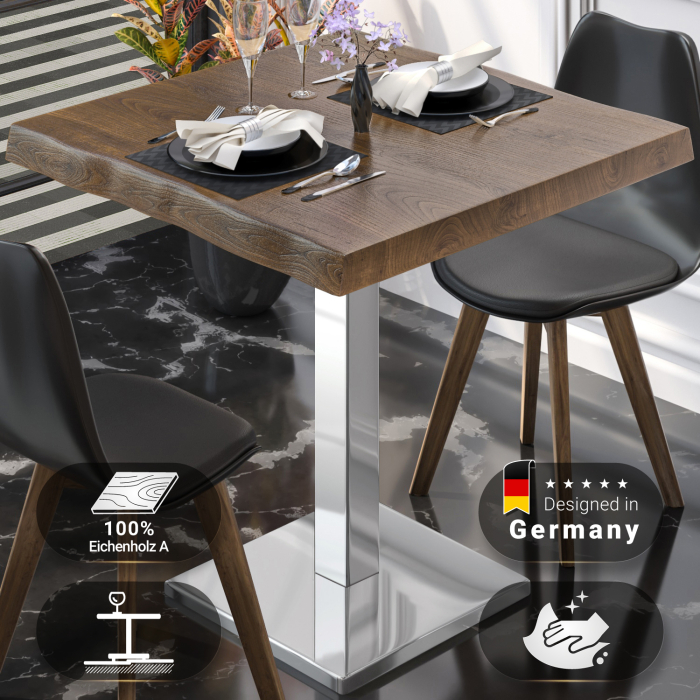 PMD | Bistrotafel met boomrand | Vierkant | 70 x 70 x 77 cm | Notelaar / Roestvrij staal