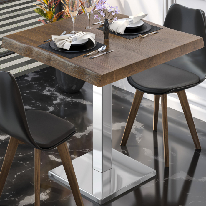 PMD | Bistrotafel met boomrand | Vierkant | 70 x 70 x 77 cm | Notelaar / Roestvrij staal