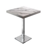 BM | Mesa alta de bistró | 60 x 60 x 110 cm | Cuadrada | Borde de acero inoxidable | Mármol blanco / Acero inoxidable
