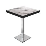BM | Mesa alta de bistró | 60 x 60 x 110 cm | Cuadrada | Bisel negro | Mármol blanco / Acero inoxidable