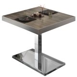 BM | Mesa de bistró | B:T:H 80 x 80 x 77 cm | Wenge claro / Acero inoxidable | Cuadrada | Borde de acero inoxidable
